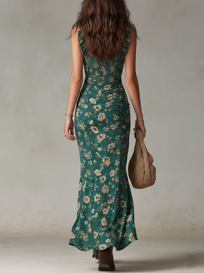 Vestido Maxi Boho Retro con Mangas Voladas y Gran Abertura