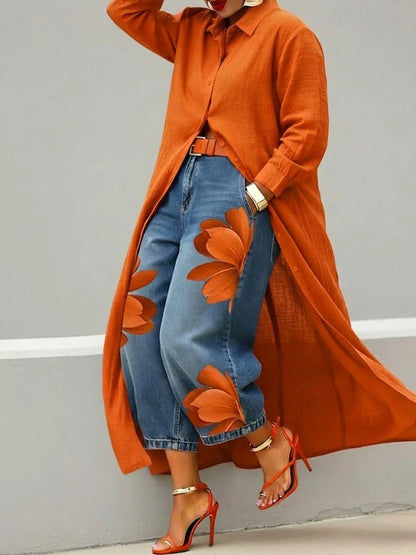 Analie - Vestido Camisero de Lino y Jeans Florales