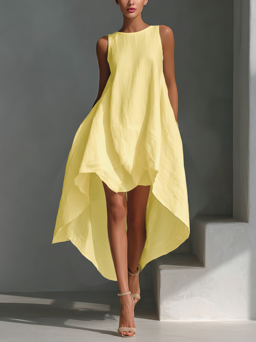 Elena | Vestido midi de lino blanco con corte asimétrico