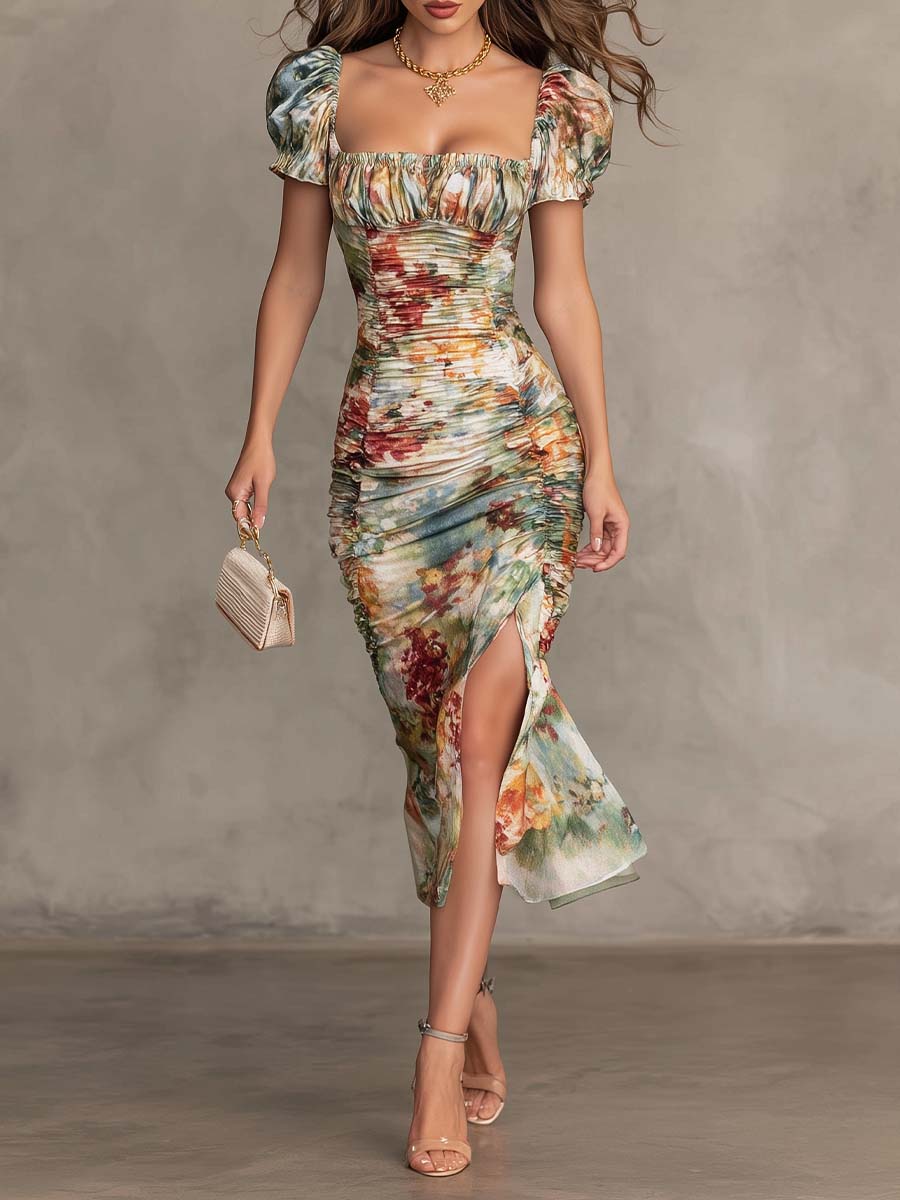 Vestido Midi Con Cuello Cuadrado Floral Con Fruncidos Retro y Elegante