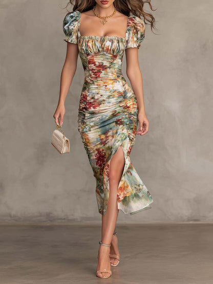 Vestido Midi Con Cuello Cuadrado Floral Con Fruncidos Retro y Elegante