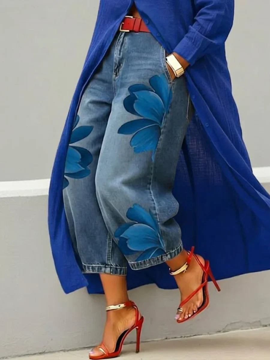 Analie - Vestido Camisero de Lino y Jeans Florales