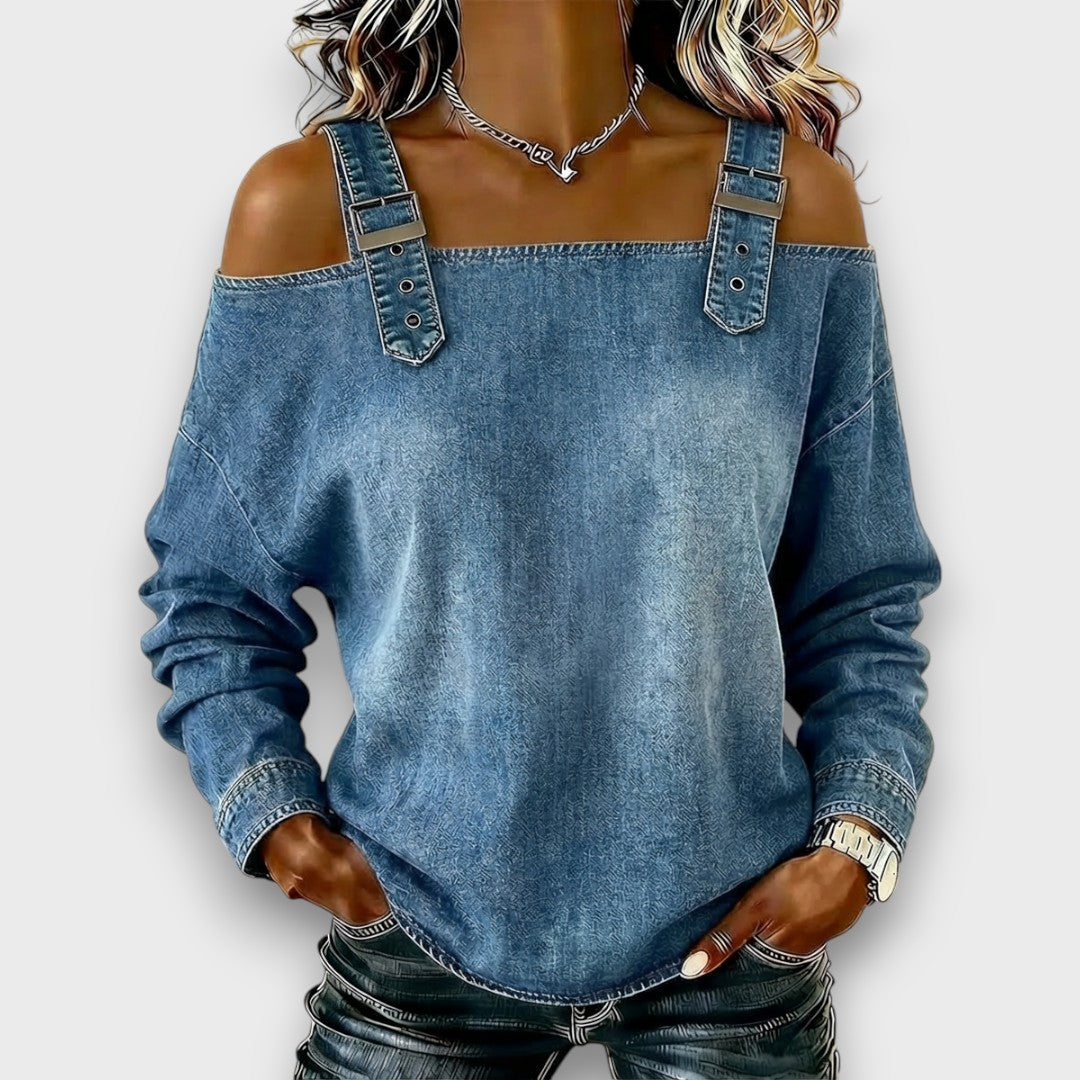 Elama – Top de Denim con Hombros Descubiertos