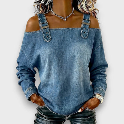 Elama – Top de Denim con Hombros Descubiertos