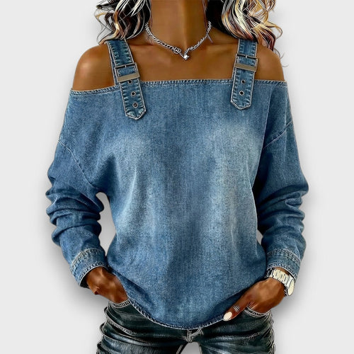 Elama – Top de Denim con Hombros Descubiertos