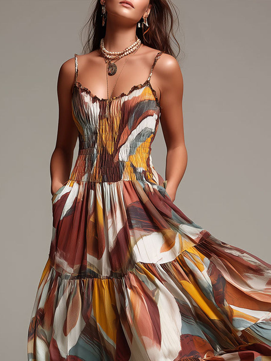 Vestido Maxi de Cuerpo Fruncido Multicolor Abstracto Boho