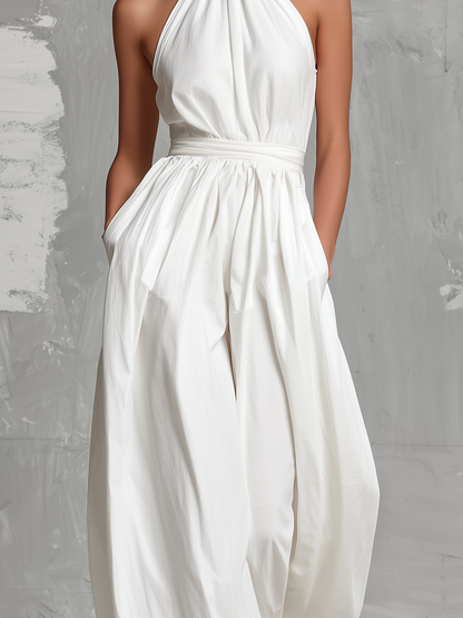 Zoltán | Elegante mono blanco tejido sin mangas con cuello halter • S1