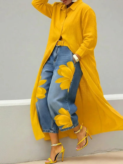 Anabel| Conjunto de camisa larga y vaqueros estampados