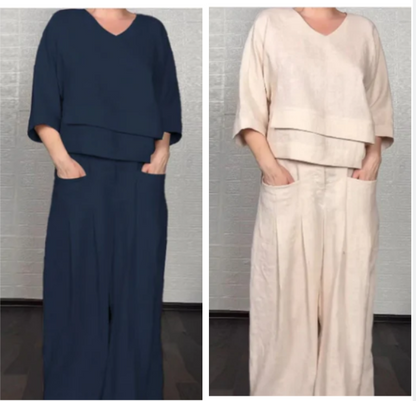 Liza | Conjunto de algodón-lino de 2 piezas – Top de cuello en V y pantalones de pierna ancha • S1