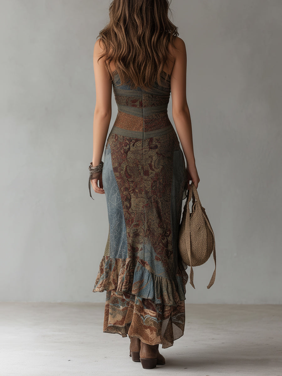 Vestido Maxi Impreso de Un Hombro Estilo Étnico Retro con Alta Abertura