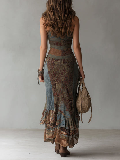 Vestido Maxi Impreso de Un Hombro Estilo Étnico Retro con Alta Abertura