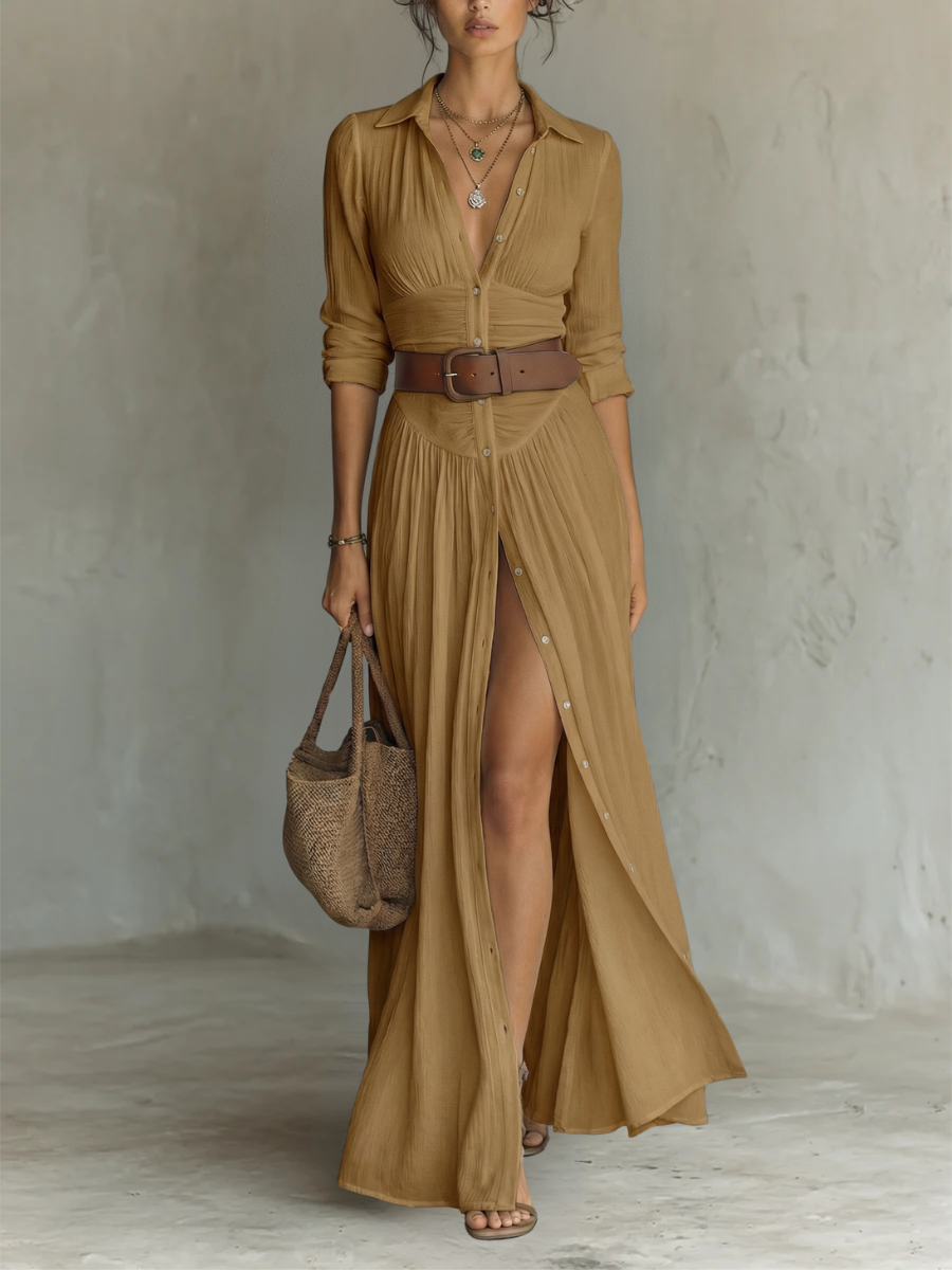 Vestido Maxi Largo con Cuello Notch y Mangas Largas para Mujeres • S1