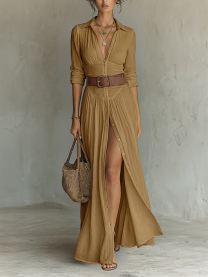 Vestido Maxi Largo con Cuello Notch y Mangas Largas para Mujeres • S1