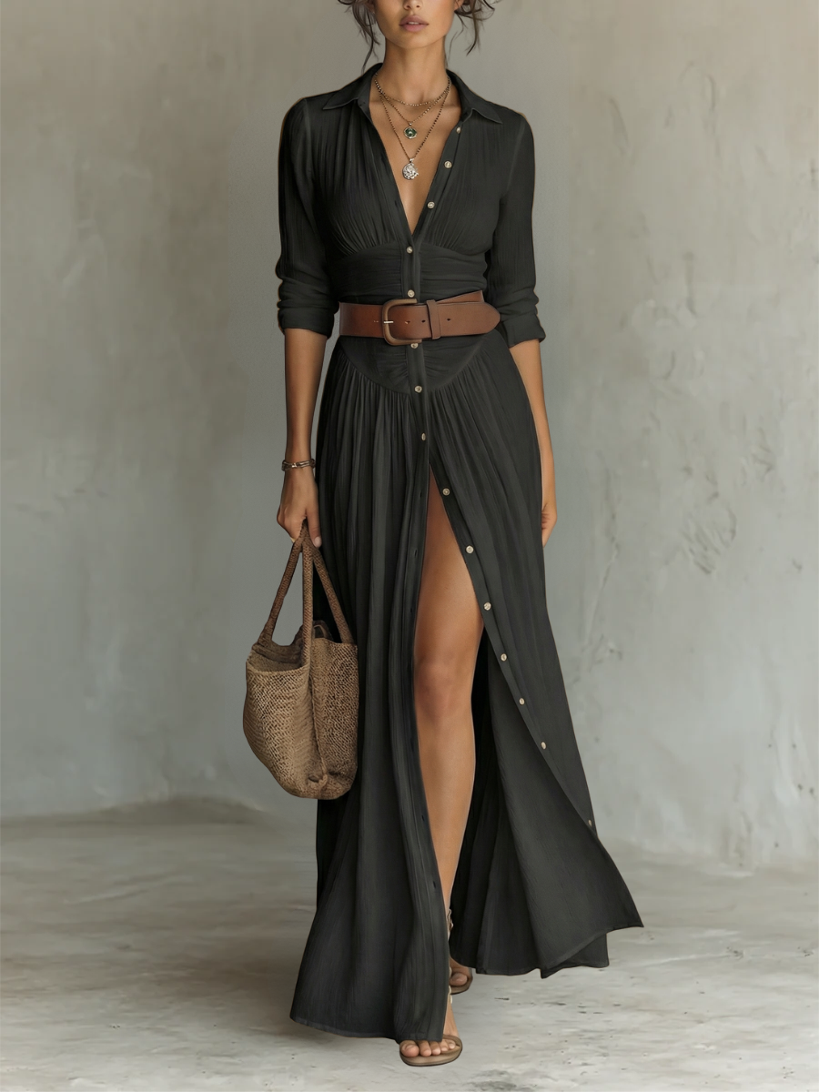 Vestido Maxi Largo con Cuello Notch y Mangas Largas para Mujeres • S1
