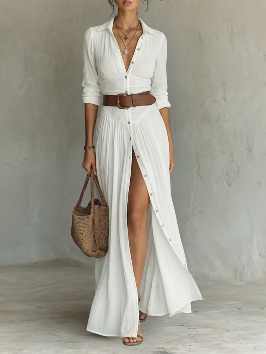 Vestido Maxi Largo con Cuello Notch y Mangas Largas para Mujeres • S1