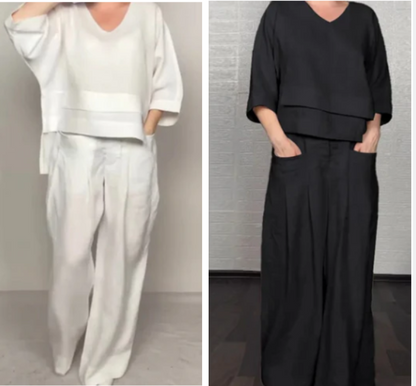 Liza | Conjunto de algodón-lino de 2 piezas – Top de cuello en V y pantalones de pierna ancha • S1