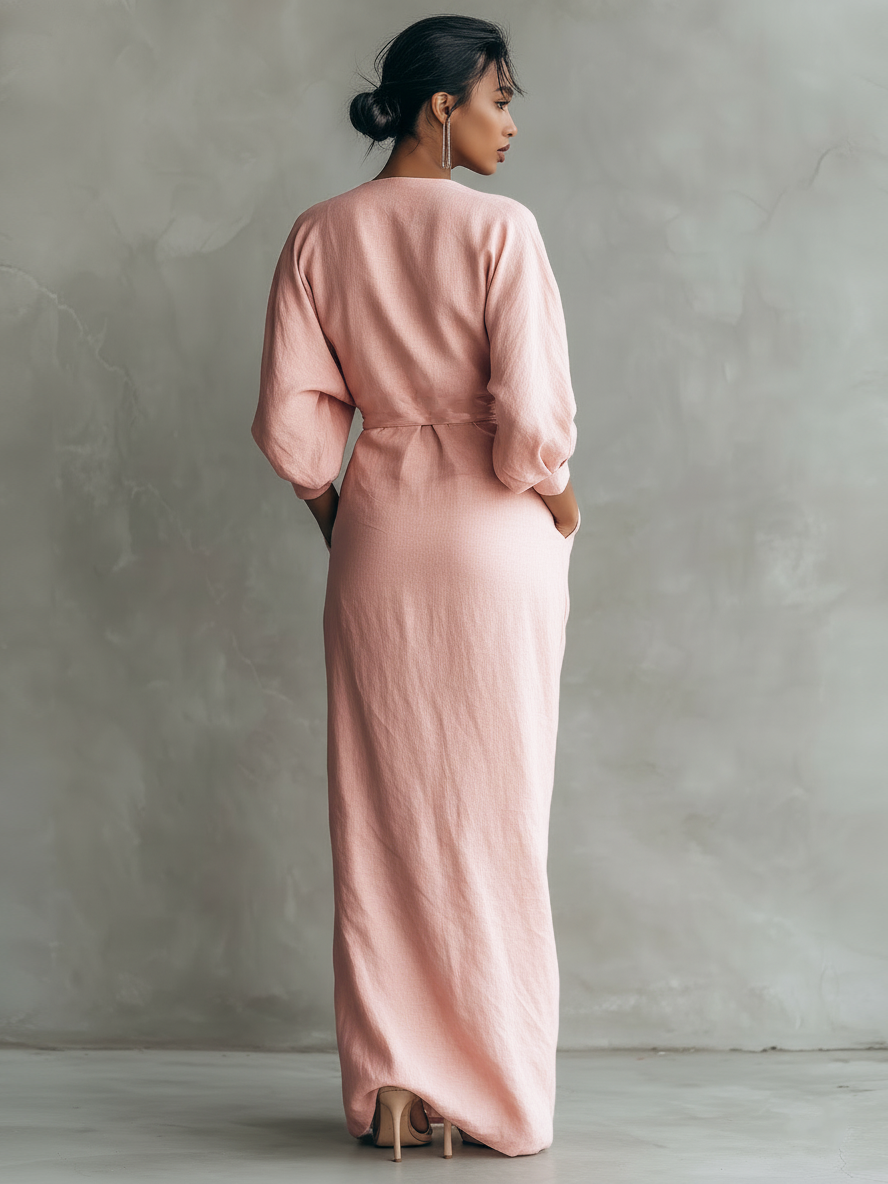 Vestido Largo Maxi de Mezcla de Lino Rosa Minimalista con Escote en V para Mujeres