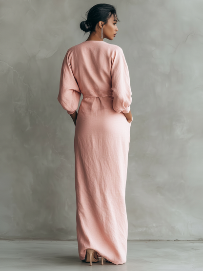 Vestido Largo Maxi de Mezcla de Lino Rosa Minimalista con Escote en V para Mujeres