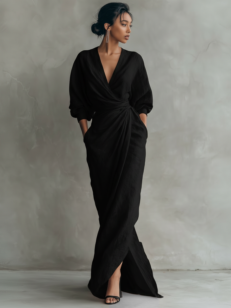Vestido Largo Maxi de Mezcla de Lino Rosa Minimalista con Escote en V para Mujeres