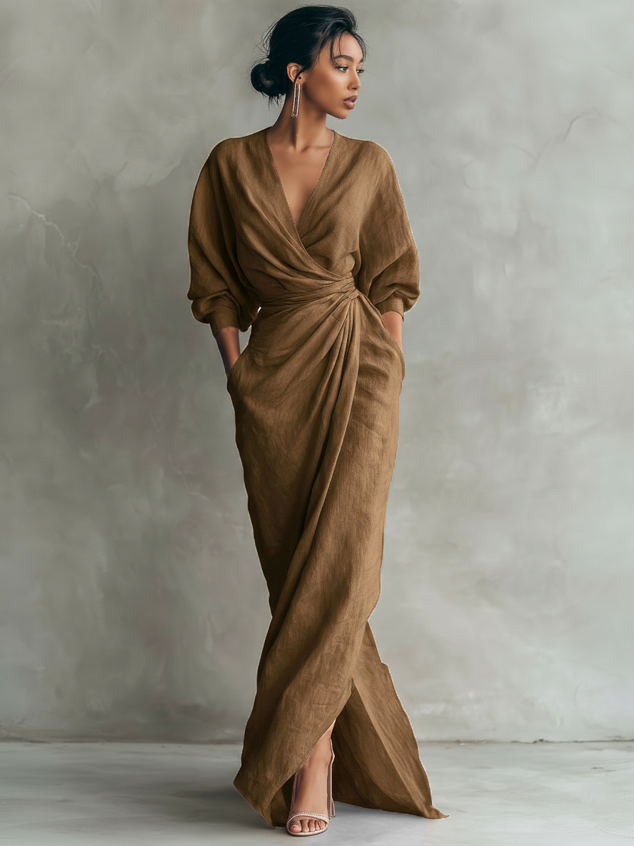 Vestido Largo Maxi de Mezcla de Lino Rosa Minimalista con Escote en V para Mujeres