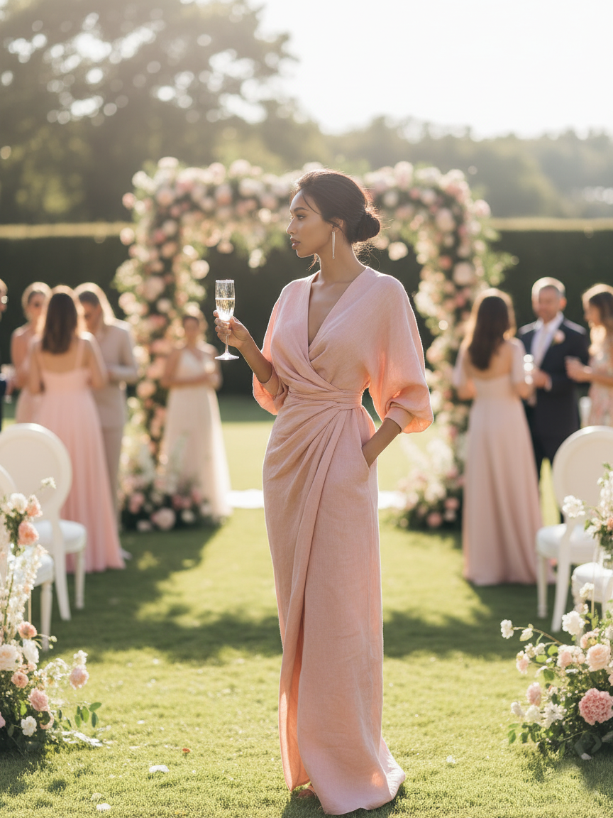 Vestido Largo Maxi de Mezcla de Lino Rosa Minimalista con Escote en V para Mujeres