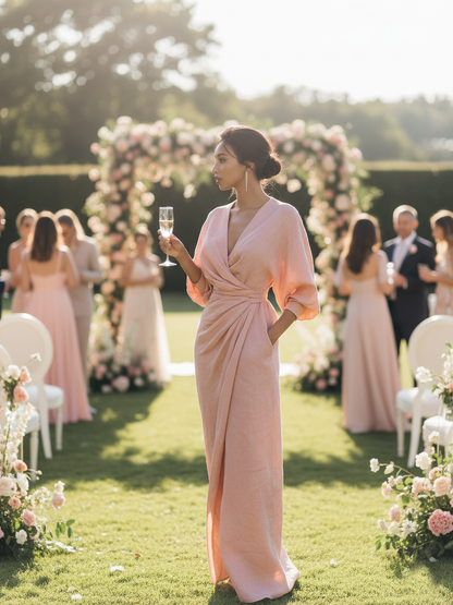 Vestido Largo Maxi de Mezcla de Lino Rosa Minimalista con Escote en V para Mujeres
