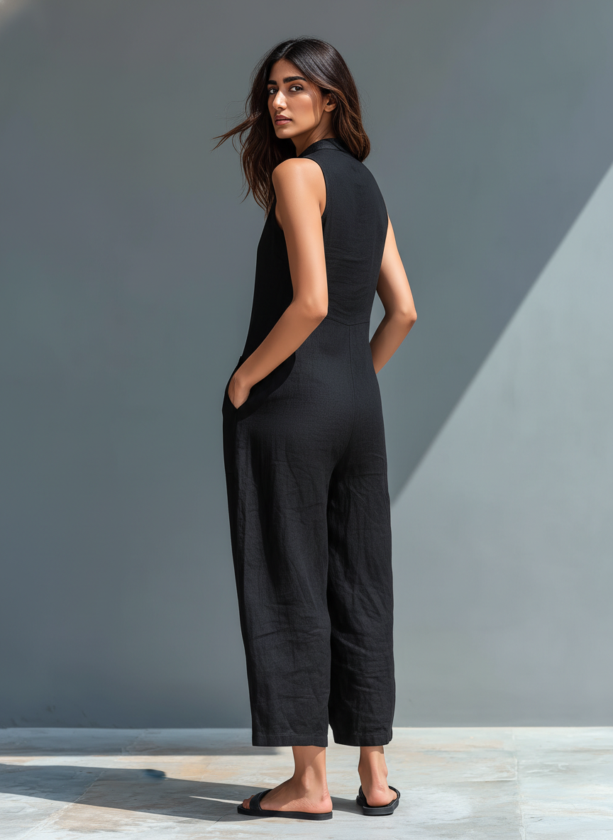 Claudia - Mono minimalista de lino para mujer, sin mangas, cuello alto y botones