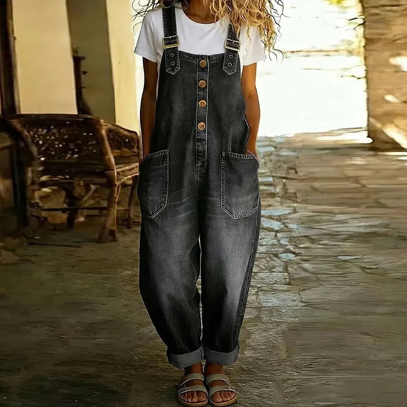 Mara - Pantalones de tirantes de algodón suave vintage con aspecto de denim y tirantes ajustables