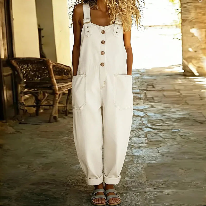 Mara - Pantalones de tirantes de algodón suave vintage con aspecto de denim y tirantes ajustables