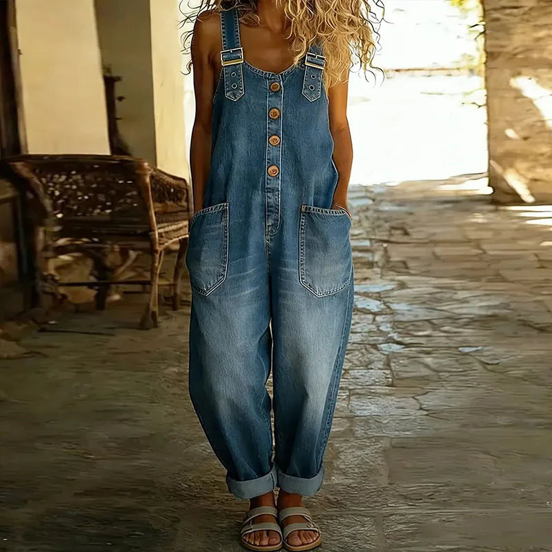Mara - Pantalones de tirantes de algodón suave vintage con aspecto de denim y tirantes ajustables