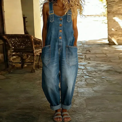 Mara - Pantalones de tirantes de algodón suave vintage con aspecto de denim y tirantes ajustables
