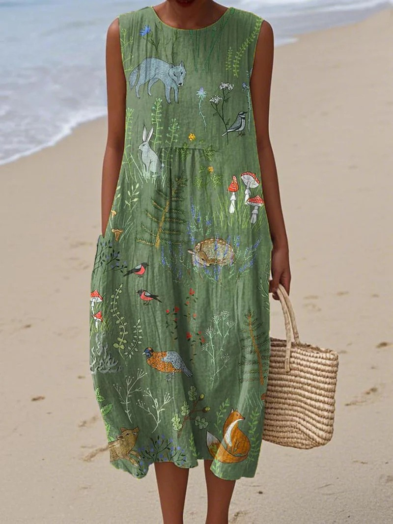 Vestido envolvente sin mangas para mujer con estampado de animales del bosque vintage