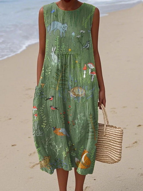 Vestido envolvente sin mangas para mujer con estampado de animales del bosque vintage