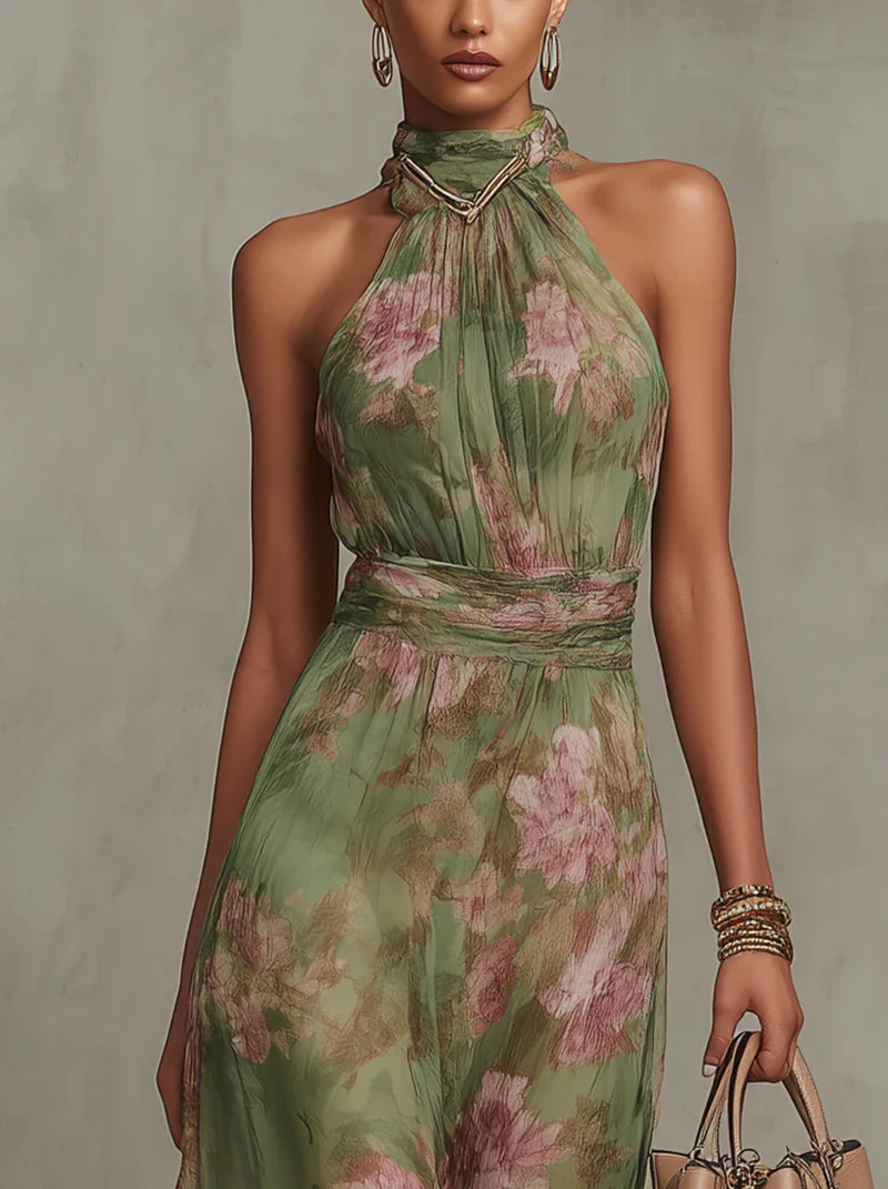 Serena ∙ Vestido largo de gasa verde con estampado floral y escote halter