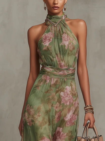 Serena ∙ Vestido largo de gasa verde con estampado floral y escote halter