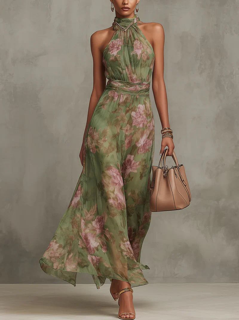 Serena ∙ Vestido largo de gasa verde con estampado floral y escote halter