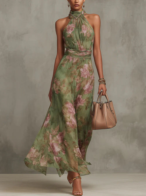 Serena ∙ Vestido largo de gasa verde con estampado floral y escote halter