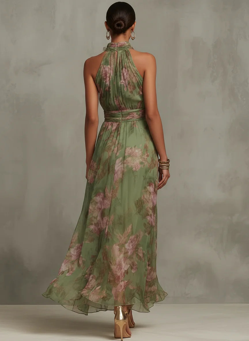 Serena ∙ Vestido largo de gasa verde con estampado floral y escote halter