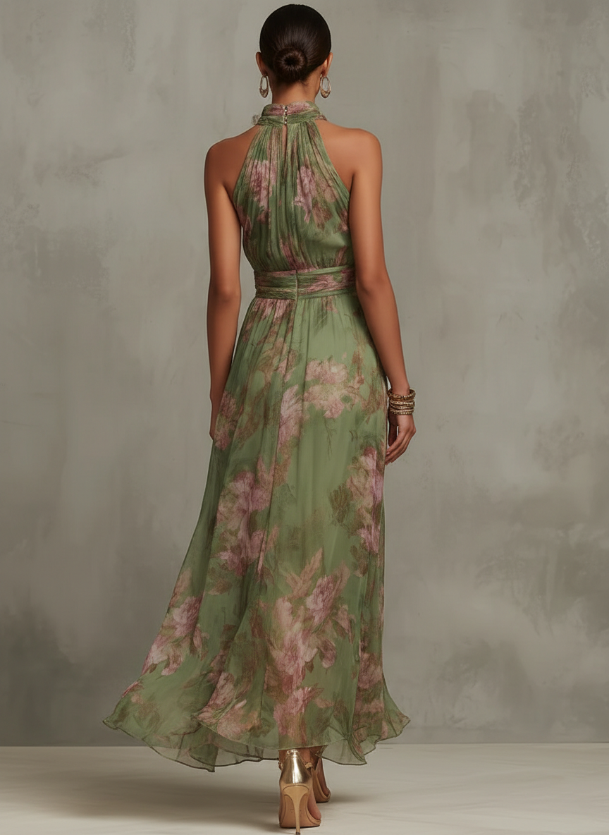 Serena ∙ Vestido largo verde floral de chiffon con escote halter