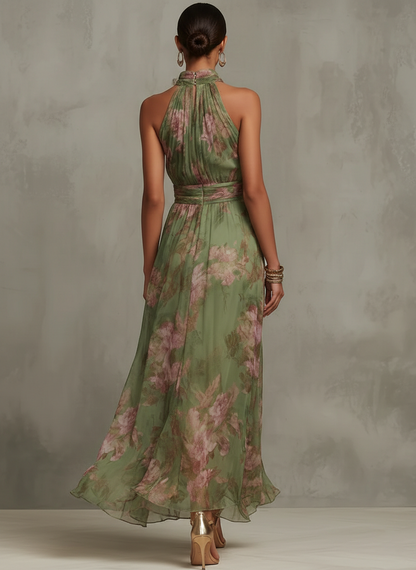 Serena ∙ Vestido largo verde floral de chiffon con escote halter