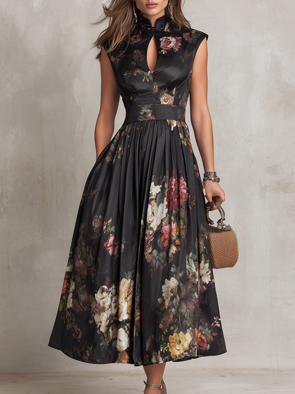 Estefanía | Vestido midi satinado negro con estampado floral