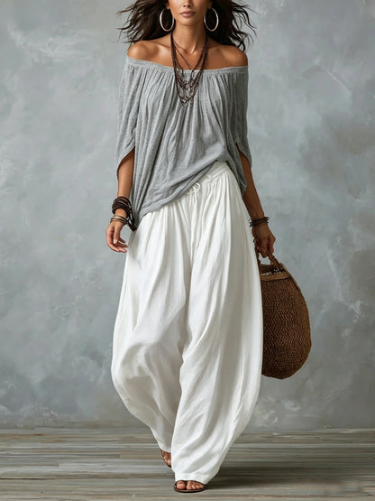 Top Blanco Off-the-shoulder Y Conjunto De Pantalones Lantern Holgados