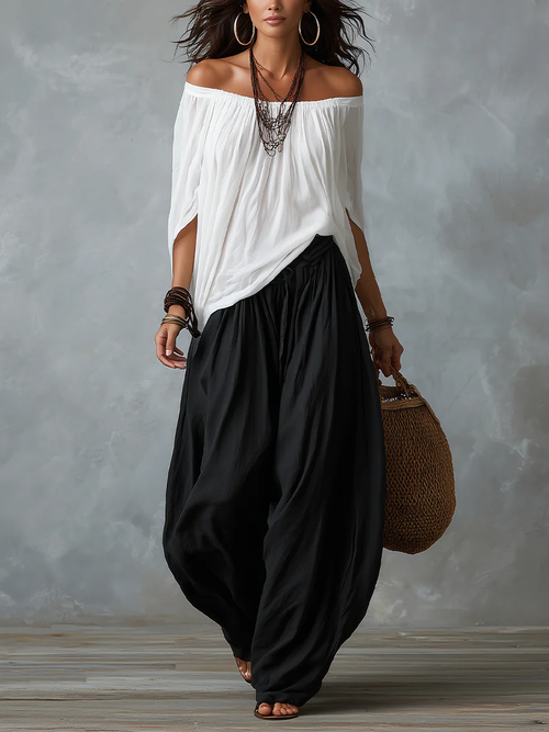 Top Blanco Off-the-shoulder Y Conjunto De Pantalones Lantern Holgados