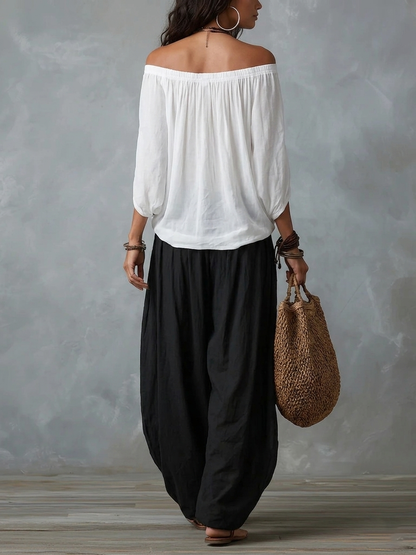 Top Blanco Off-the-shoulder Y Conjunto De Pantalones Lantern Holgados