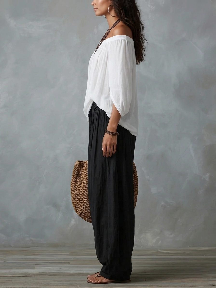Top Blanco Off-the-shoulder Y Conjunto De Pantalones Lantern Holgados