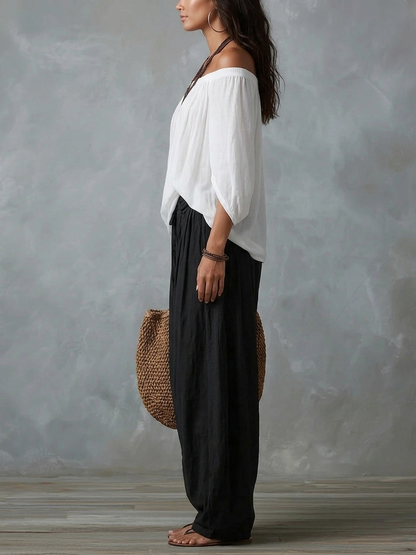 Top Blanco Off-the-shoulder Y Conjunto De Pantalones Lantern Holgados
