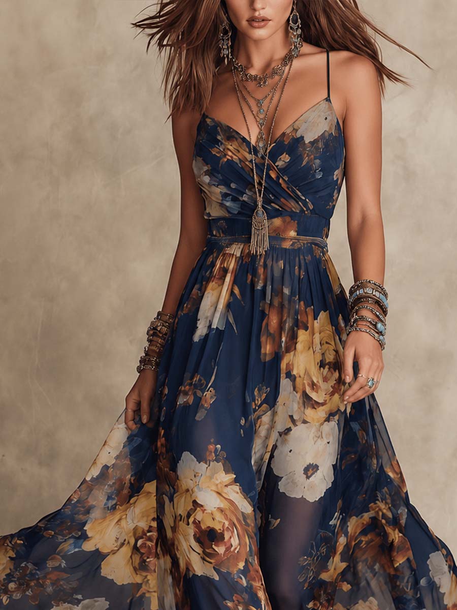 Vestido Maxi de Chifón Floral de Tirantes Espagueti en Azul Marino