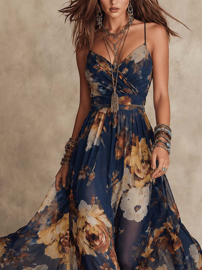 Vestido Maxi de Chifón Floral de Tirantes Espagueti en Azul Marino
