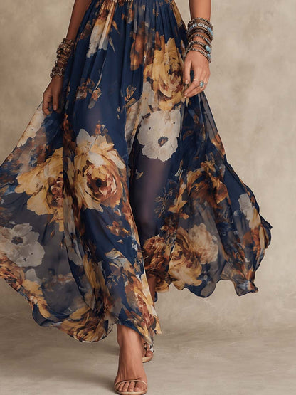 Vestido Maxi de Chifón Floral de Tirantes Espagueti en Azul Marino