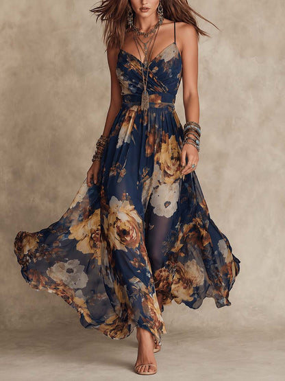 Vestido Maxi de Chifón Floral de Tirantes Espagueti en Azul Marino